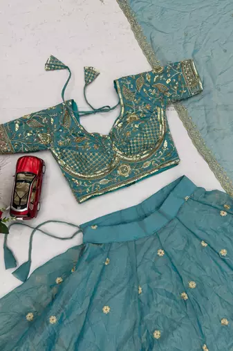 Sky Blue Embroidery sequin Work Silk Blend Lehenga Choli Set