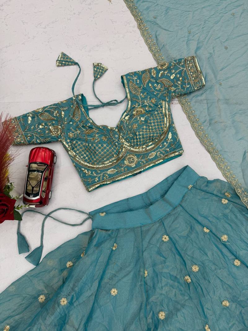 Sky Blue Embroidery sequin Work Silk Blend Lehenga Choli Set