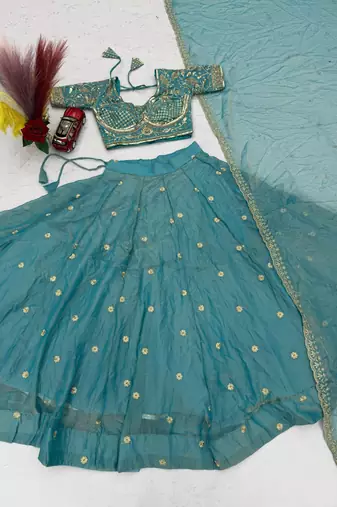 Sky Blue Embroidery sequin Work Silk Blend Lehenga Choli Set