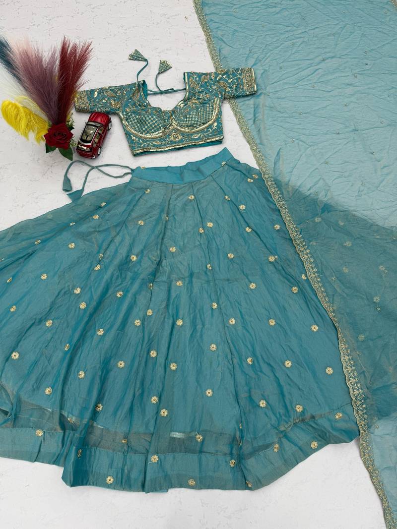 Sky Blue Embroidery sequin Work Silk Blend Lehenga Choli Set