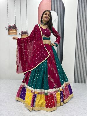 Multi Embroidery Thread sequin Ribbion Lace Work Fuax Georgette Lehenga Choli Set 1