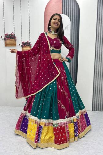 Multi Embroidery Thread sequin Ribbion Lace Work Fuax Georgette Lehenga Choli Set