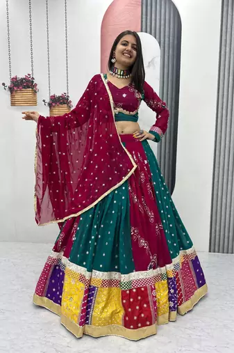 Multi Embroidery Thread sequin Ribbion Lace Work Fuax Georgette Lehenga Choli Set