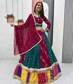 Multi Embroidery Thread sequin Ribbion Lace Work Fuax Georgette Lehenga Choli Set