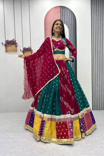 Multi Embroidery Thread sequin Ribbion Lace Work Fuax Georgette Lehenga Choli Set