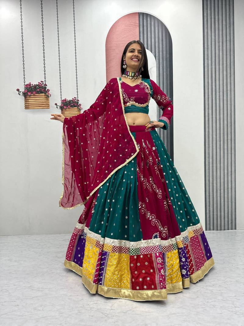Multi Embroidery Thread sequin Ribbion Lace Work Fuax Georgette Lehenga Choli Set