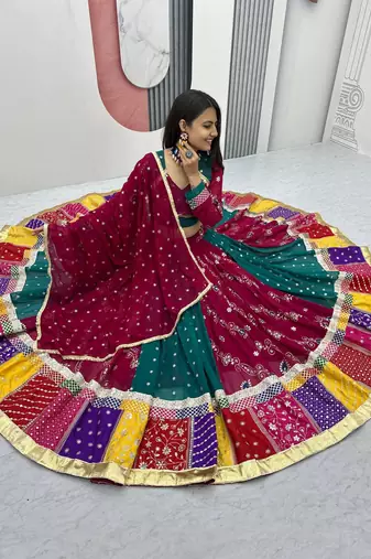 Multi Embroidery Thread sequin Ribbion Lace Work Fuax Georgette Lehenga Choli Set