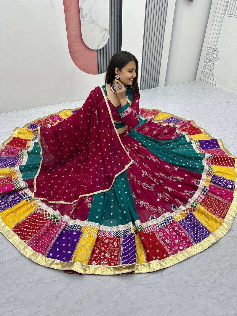 Multi Embroidery Thread sequin Ribbion Lace Work Fuax Georgette Lehenga Choli Set