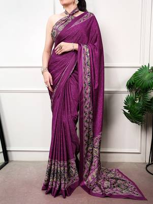 Traditional ajrakh printed border satin silk saree for women 1