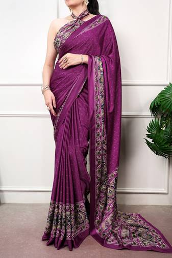 Traditional ajrakh printed border satin silk saree for women