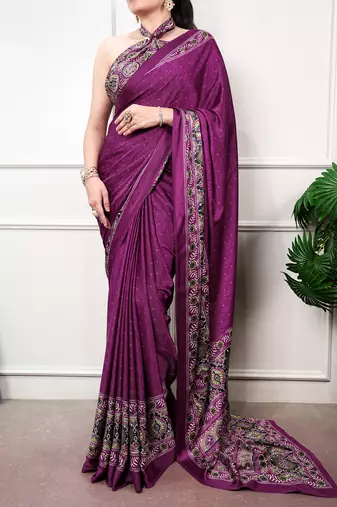 Traditional ajrakh printed border satin silk saree for women