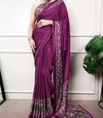 Traditional ajrakh printed border satin silk saree for women