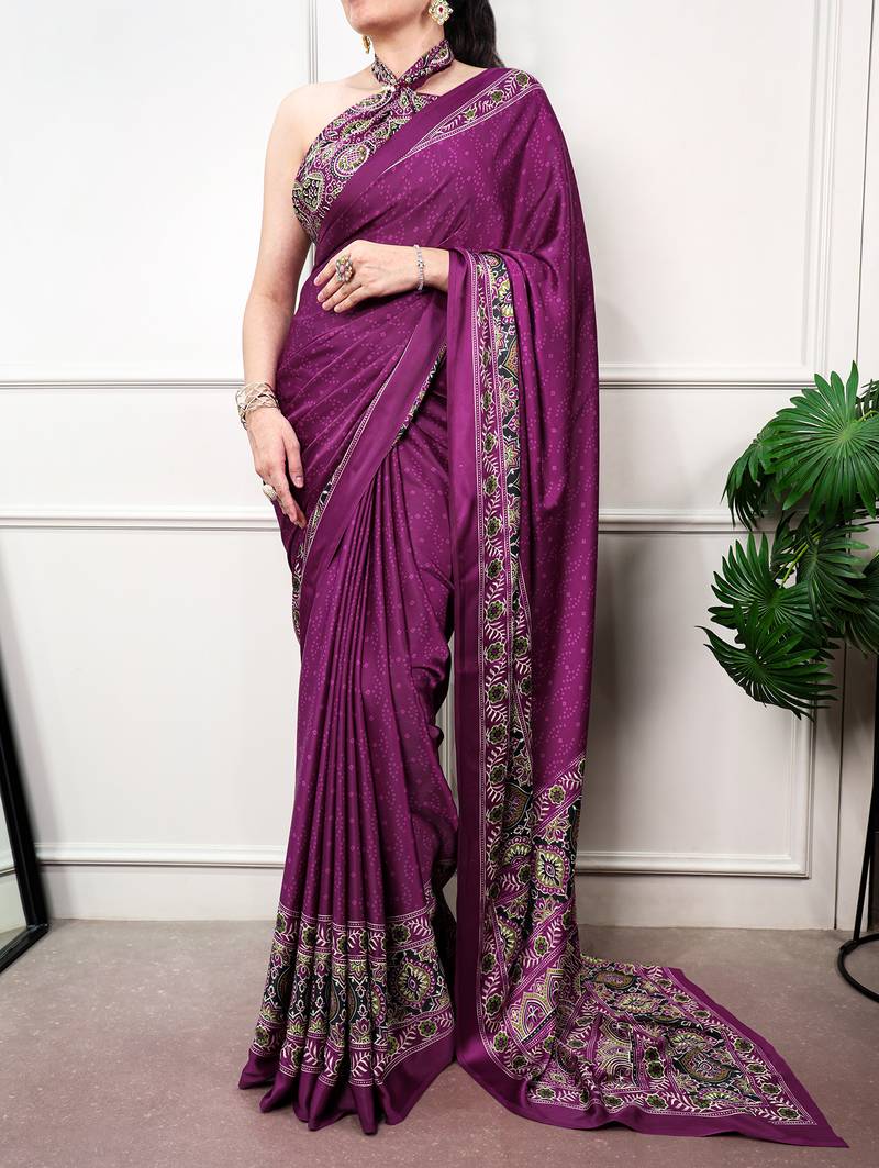 Traditional ajrakh printed border satin silk saree for women