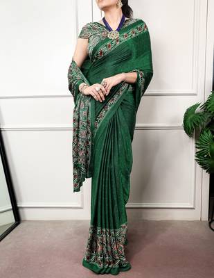 Traditional ajrakh printed border satin silk saree for women 1
