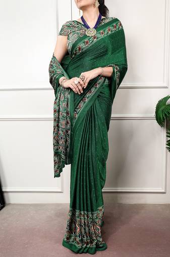 Traditional ajrakh printed border satin silk saree for women