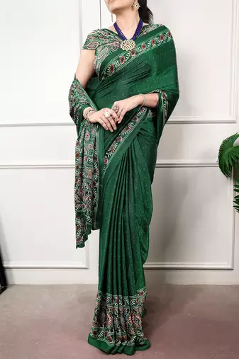 Traditional ajrakh printed border satin silk saree for women