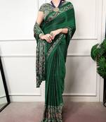 Traditional ajrakh printed border satin silk saree for women