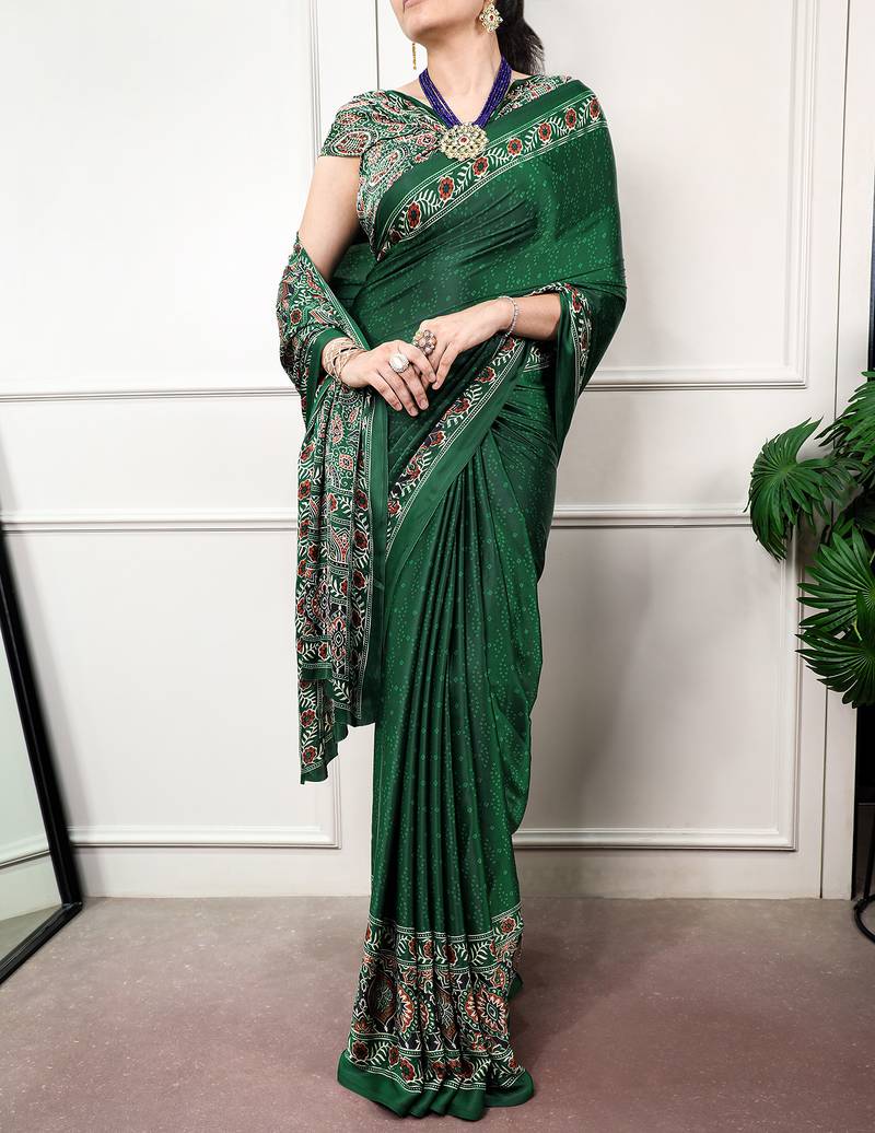 Traditional ajrakh printed border satin silk saree for women
