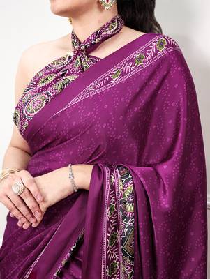 Traditional ajrakh printed border satin silk saree for women 2