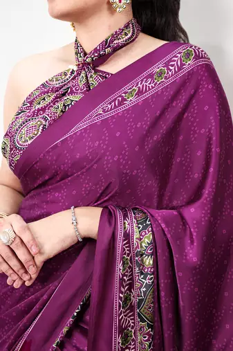 Traditional ajrakh printed border satin silk saree for women