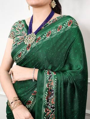 Traditional ajrakh printed border satin silk saree for women 2