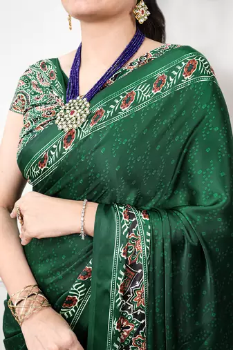 Traditional ajrakh printed border satin silk saree for women