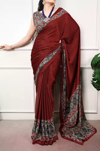 Traditional ajrakh printed border satin silk saree for women