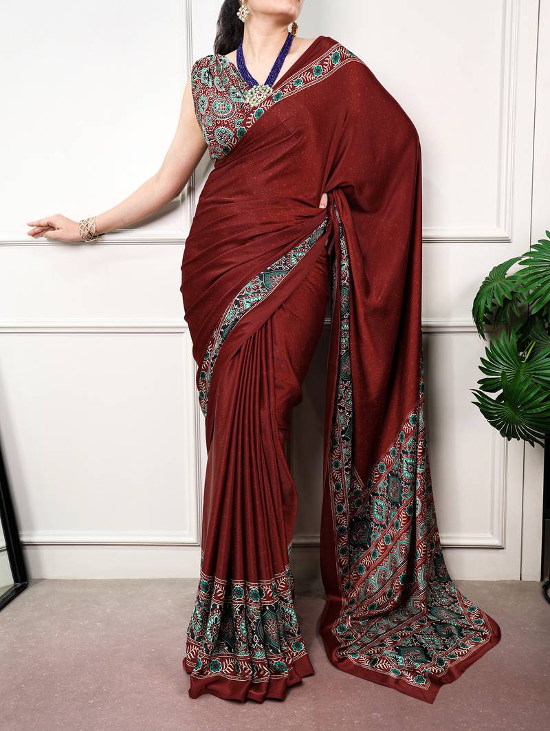 Traditional ajrakh printed border satin silk saree for women