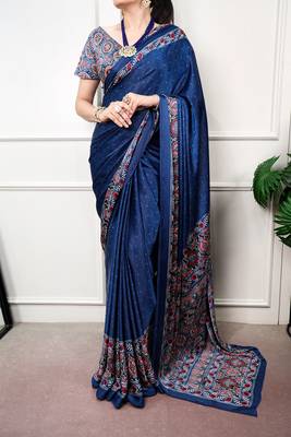 Traditional ajrakh printed border satin silk saree for women 1