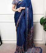 Traditional ajrakh printed border satin silk saree for women