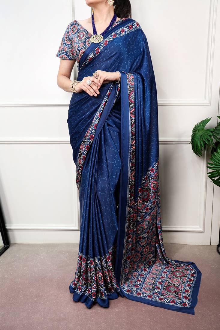 Traditional ajrakh printed border satin silk saree for women