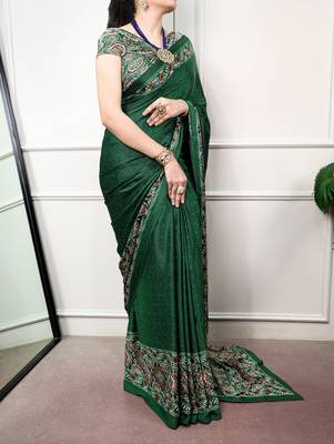 Traditional ajrakh printed border satin silk saree for women 3