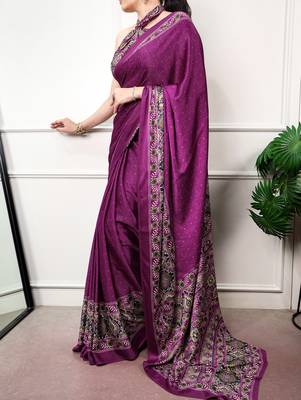 Traditional ajrakh printed border satin silk saree for women 3