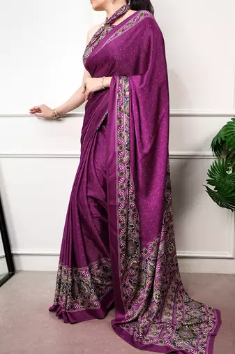 Traditional ajrakh printed border satin silk saree for women
