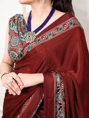 Traditional ajrakh printed border satin silk saree for women 2
