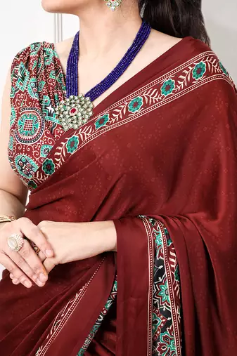 Traditional ajrakh printed border satin silk saree for women