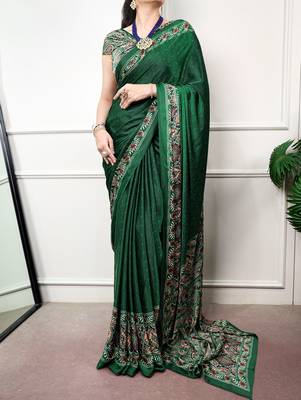 Traditional ajrakh printed border satin silk saree for women 4