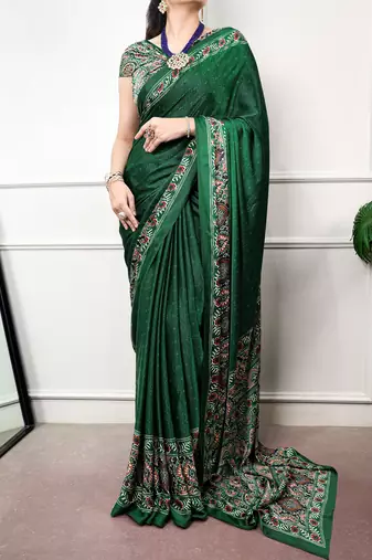 Traditional ajrakh printed border satin silk saree for women