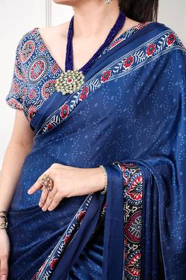 Traditional ajrakh printed border satin silk saree for women 2