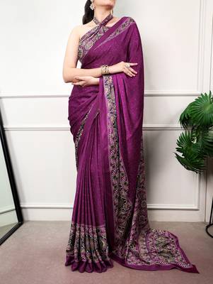 Traditional ajrakh printed border satin silk saree for women 4