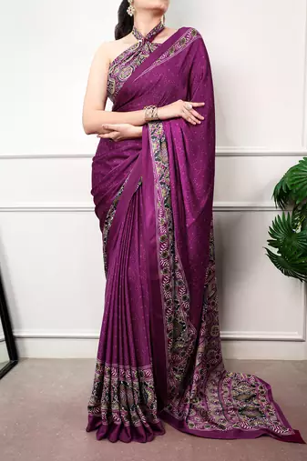 Traditional ajrakh printed border satin silk saree for women