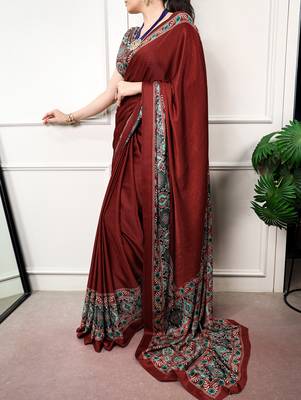 Traditional ajrakh printed border satin silk saree for women 3