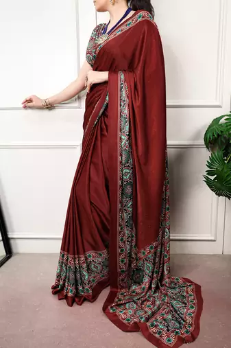 Traditional ajrakh printed border satin silk saree for women