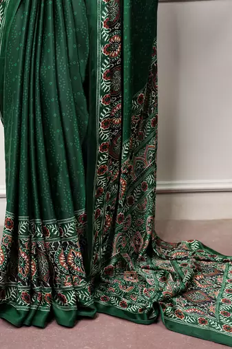 Traditional ajrakh printed border satin silk saree for women