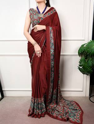 Traditional ajrakh printed border satin silk saree for women 4