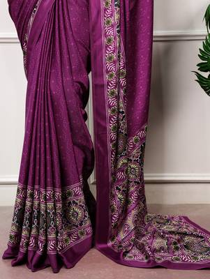 Traditional ajrakh printed border satin silk saree for women 5