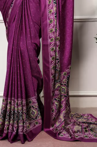 Traditional ajrakh printed border satin silk saree for women