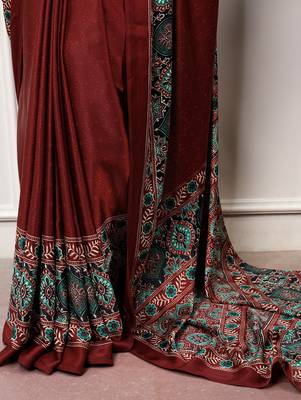 Traditional ajrakh printed border satin silk saree for women 5