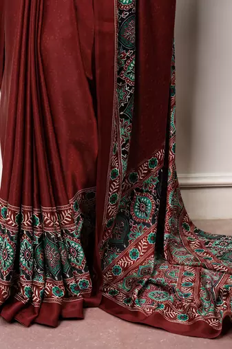 Traditional ajrakh printed border satin silk saree for women
