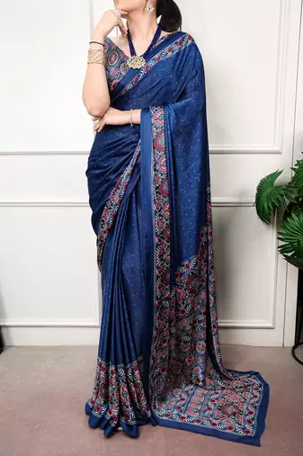 Traditional ajrakh printed border satin silk saree for women